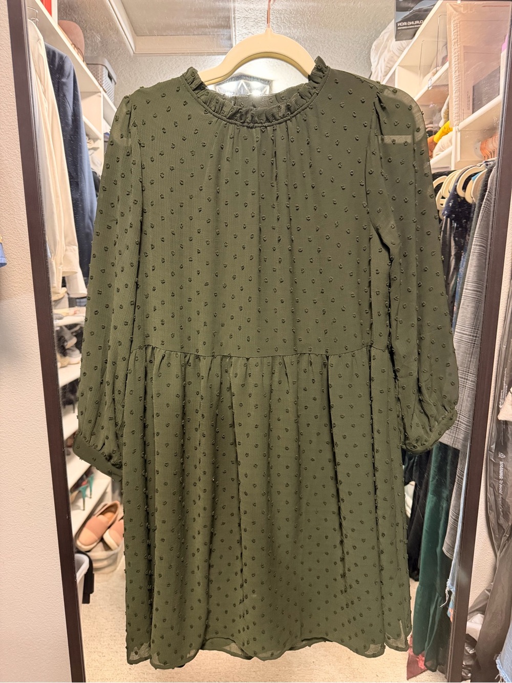 LOFT Olive Green Swiss Dot Ruffle Neck Dress
